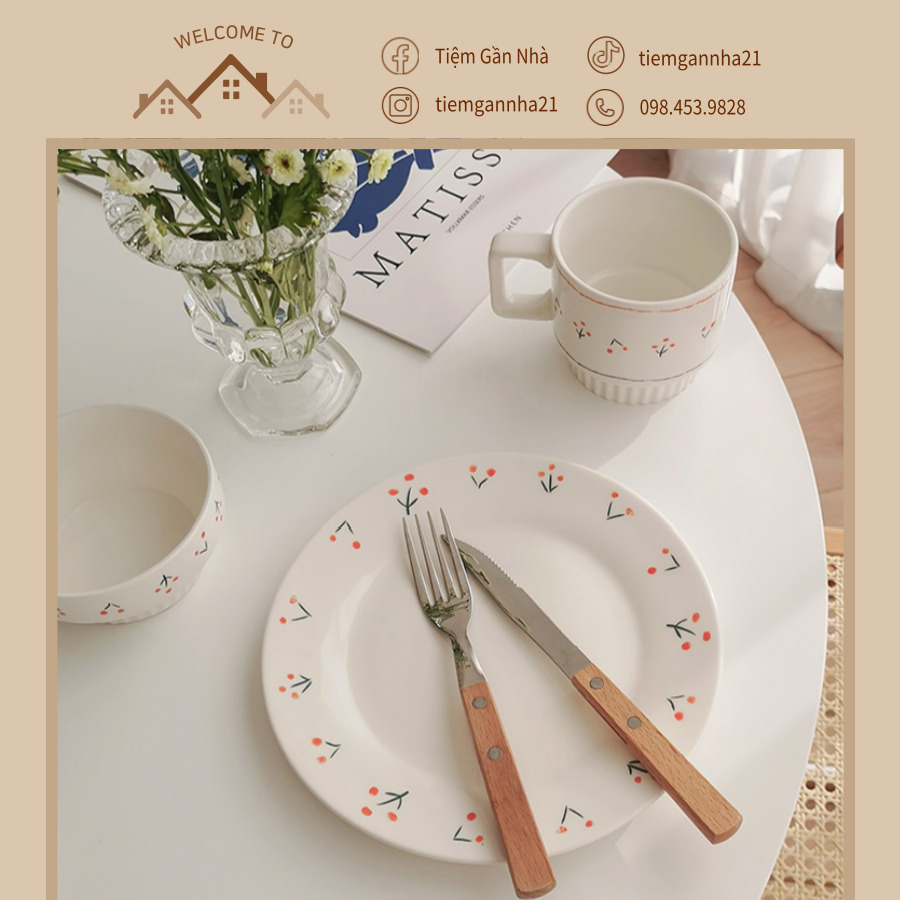 Đĩa bát cốc gốm sứ họa tiết cherry vintage Hàn Quốc 20cm