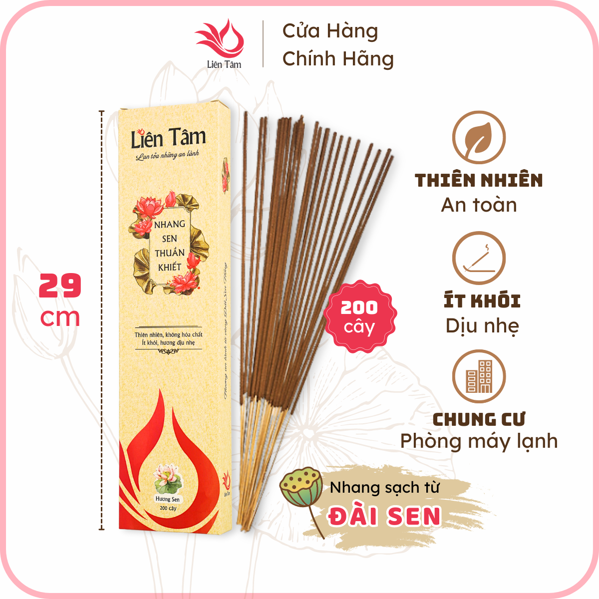 Nhang Sen Thuần Khiết Liên Tâm 29cm 200 cây - Nhang sạch 100% thiên nhiên, trầm hương nguyên chất