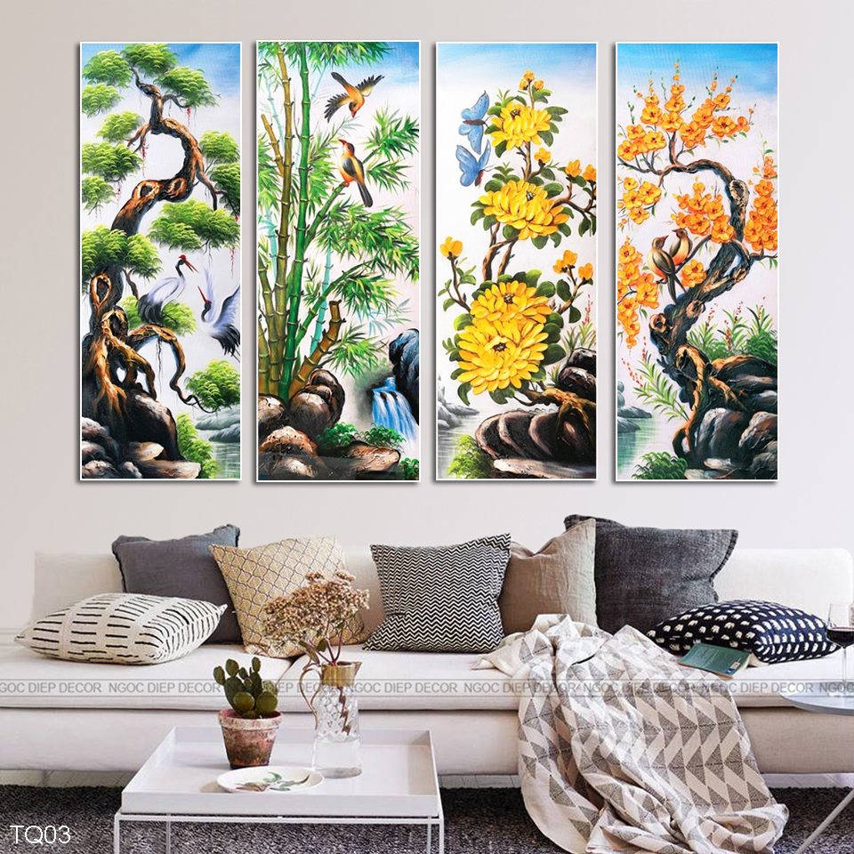 Khung tranh dán tường 3D tứ quý đẹp - Tranh décor phòng khách, phòng ngủ phong cách hiện đại
