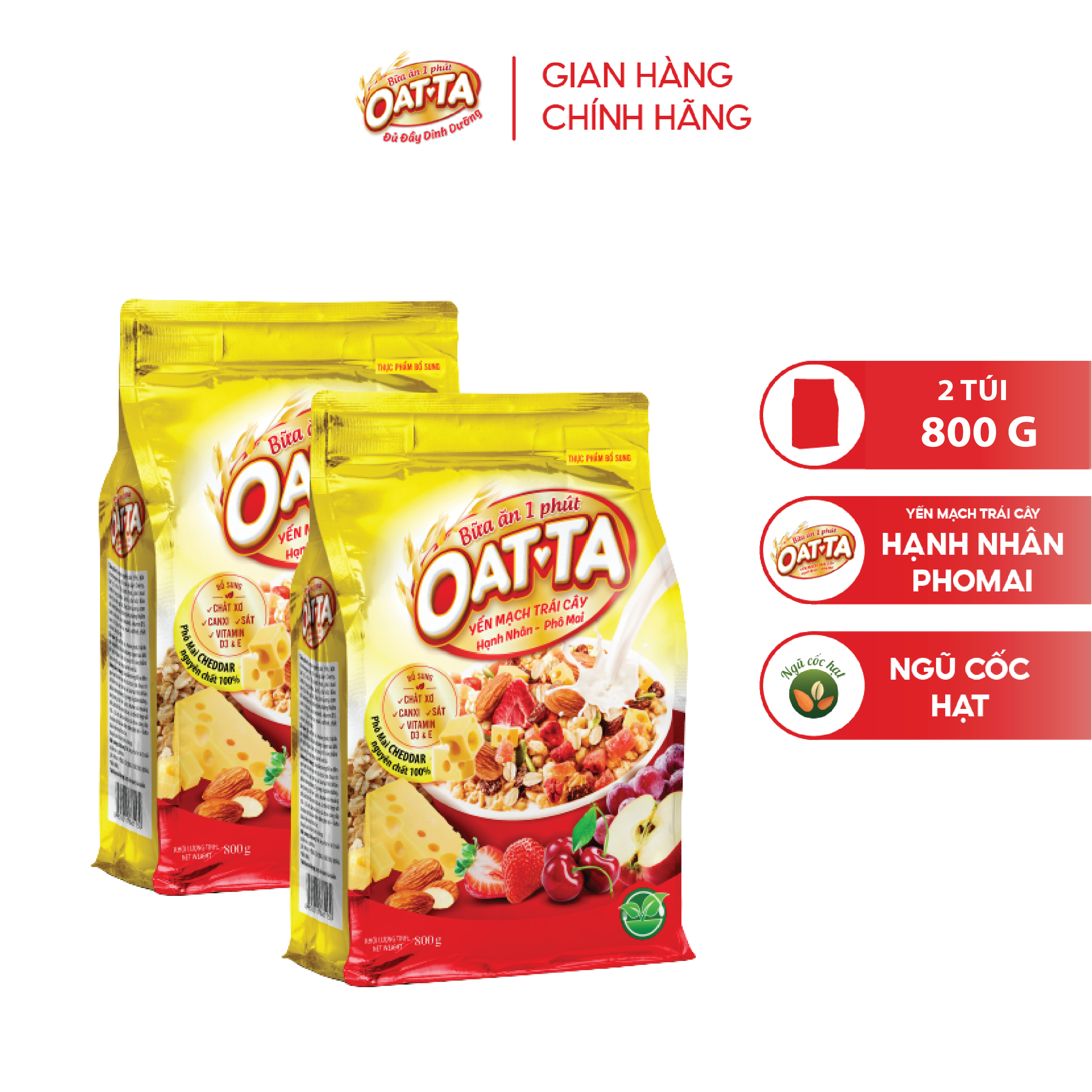 Combo 2 Yến Mạch Trái Cây Hạnh Nhân - Phô Mai OATTA Thơm Béo Ăn Liền Túi 800g Ăn Sáng Tiện Lợi