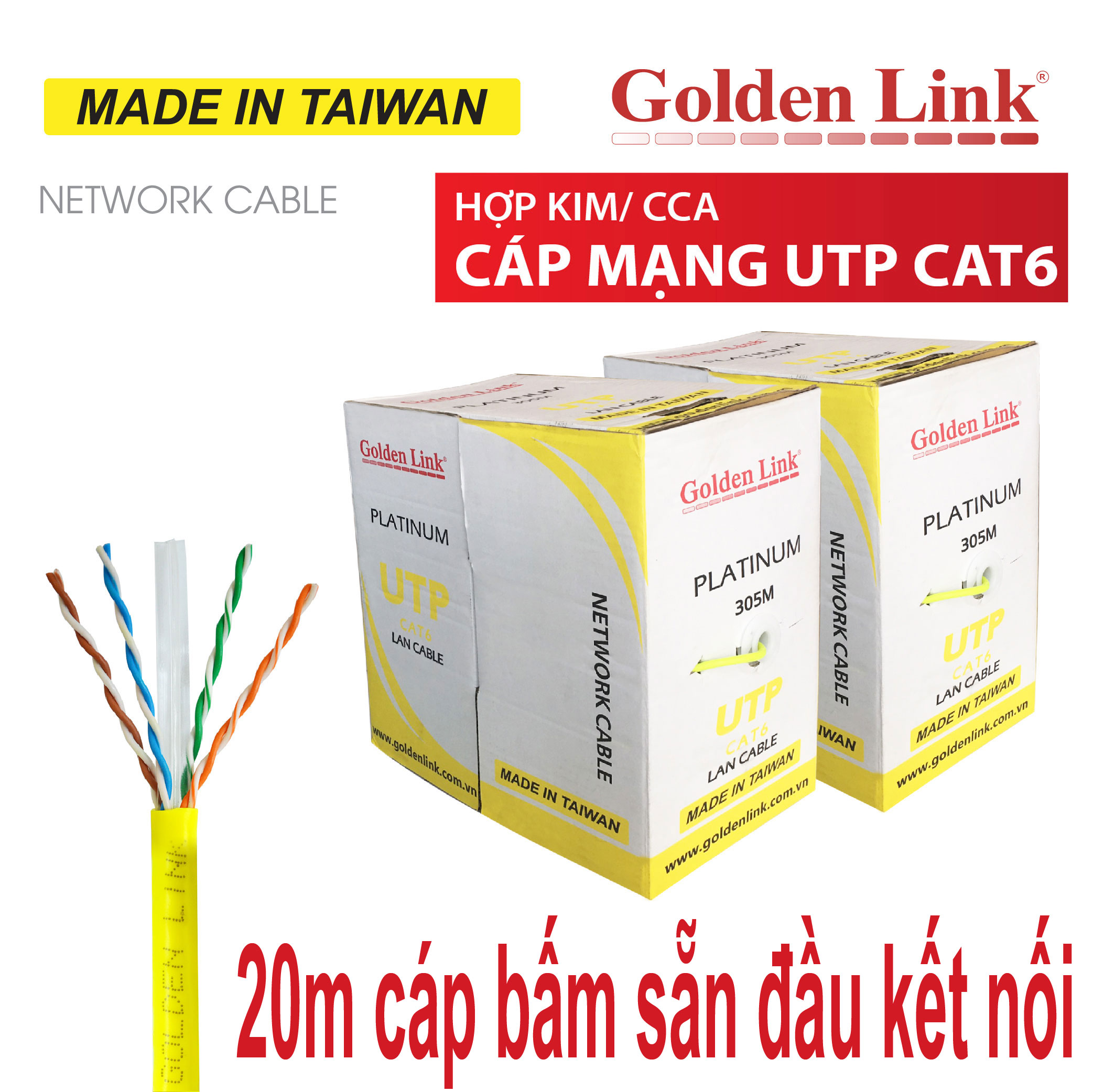 20m dây mạng golden link cat6 utp bấm sẵn 2 đầu - cáp mạng, cáp lan, dây lan, cáp internet
