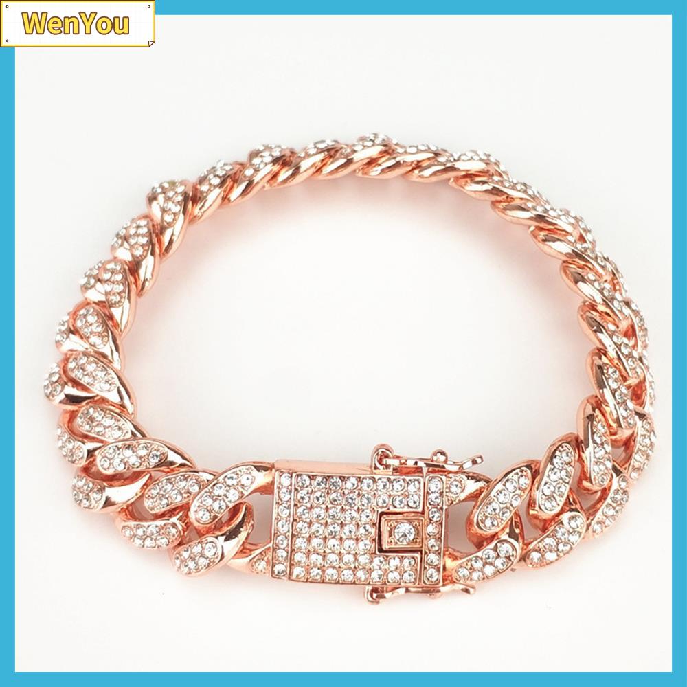 Vòng Tay Nam đính Kim Cương Vòng Tay Thời Trang Nam Nữ Đính Kim Cương Rộng 12Mm Vòng Tay Cuba Có Dây Xích Gắn Kim Cương Giả Phong Cách Hip Hop