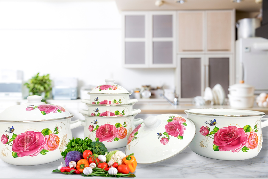 Bộ 5 nồi sứ tráng men cao cấp, nồi tráng men chất liệu không gỉ siêu bền sử dụng cho mọi loại bếp