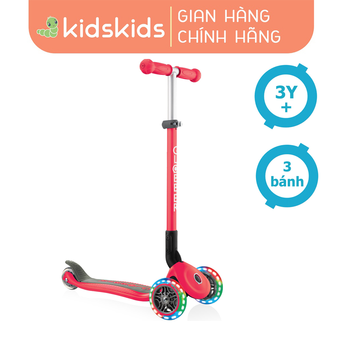 Xe trượt scooter 3 bánh globber primo foldable lights cho trẻ em từ 3 đến 6 tuổi - đỏ