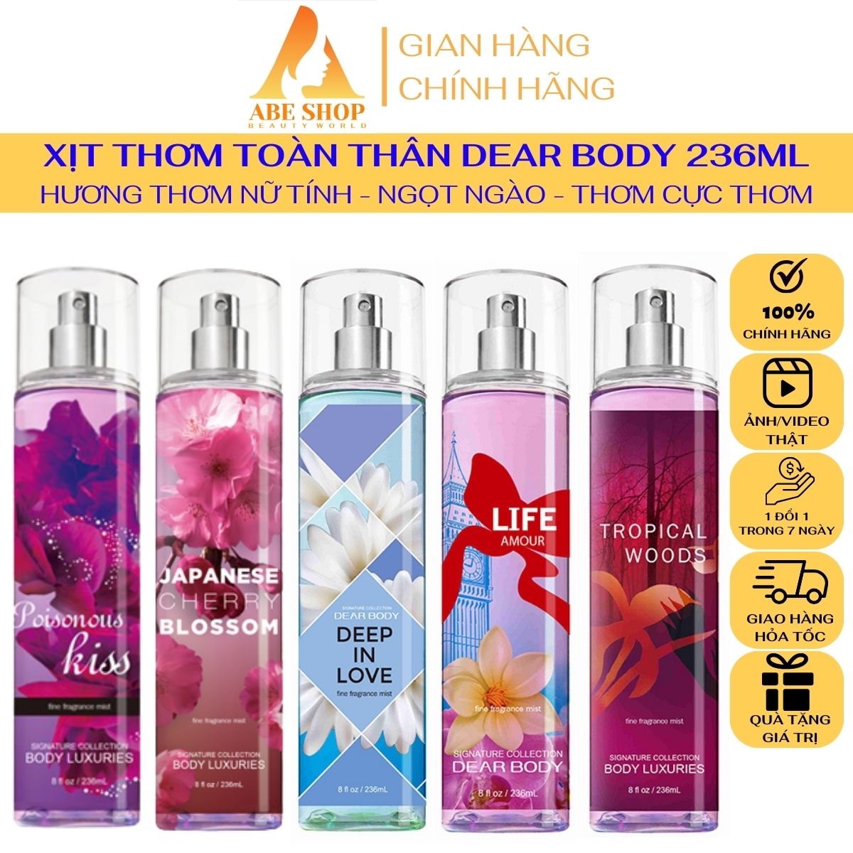 Body mist dear body 236ml - xịt thơm toàn thân - tạo mùi thơm cơ thể - lưu hương 5-8h - đa dạng mùi hương - quyến rũ