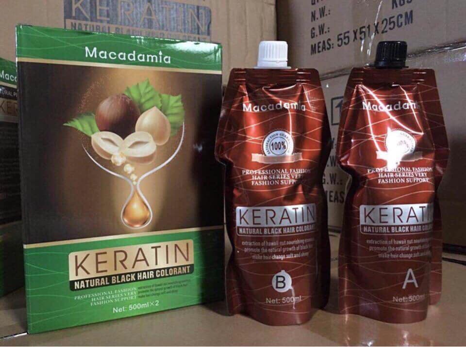 Nhuộm đen keratin tinh chất từ trái Macadamia chuyên gia phủ tóc bạc 500ml x 2