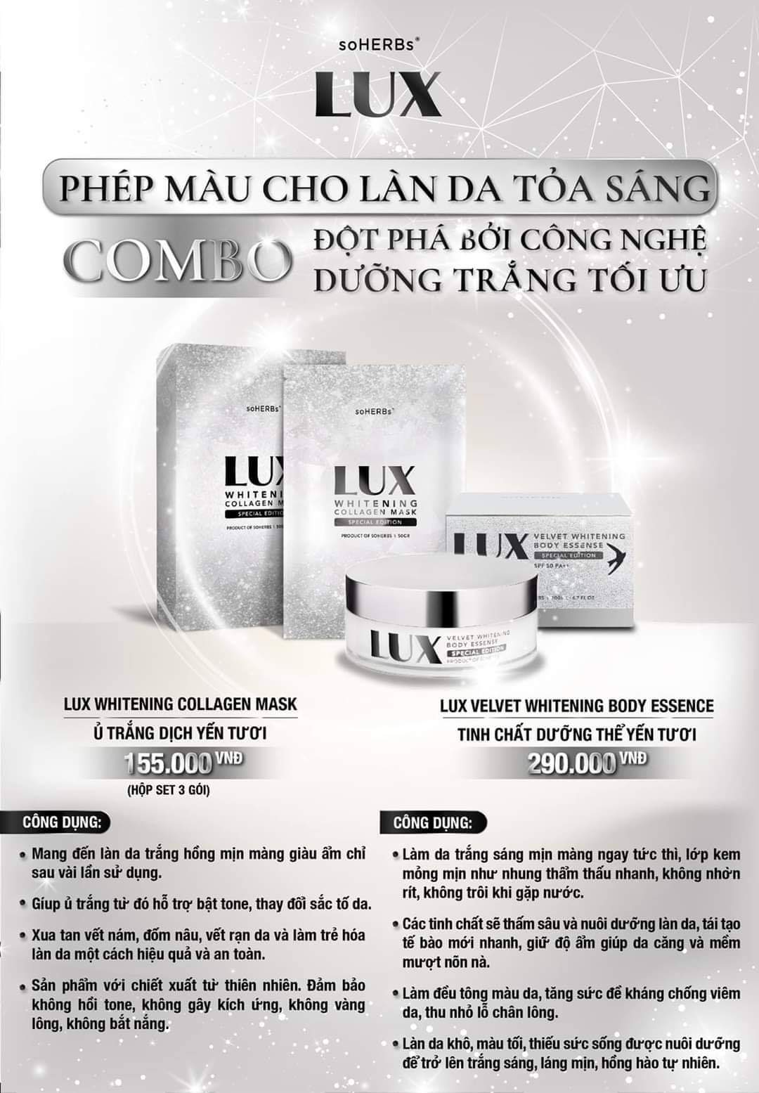 [hàng chính hãng-Date 2027]-COMBO LUX 2 SP SIÊU TRẮNG-1 hộp 3 gói Ủ trắng da Lux Và Kem dưỡng trắng body tinh chất yên tươi Lux soHERs