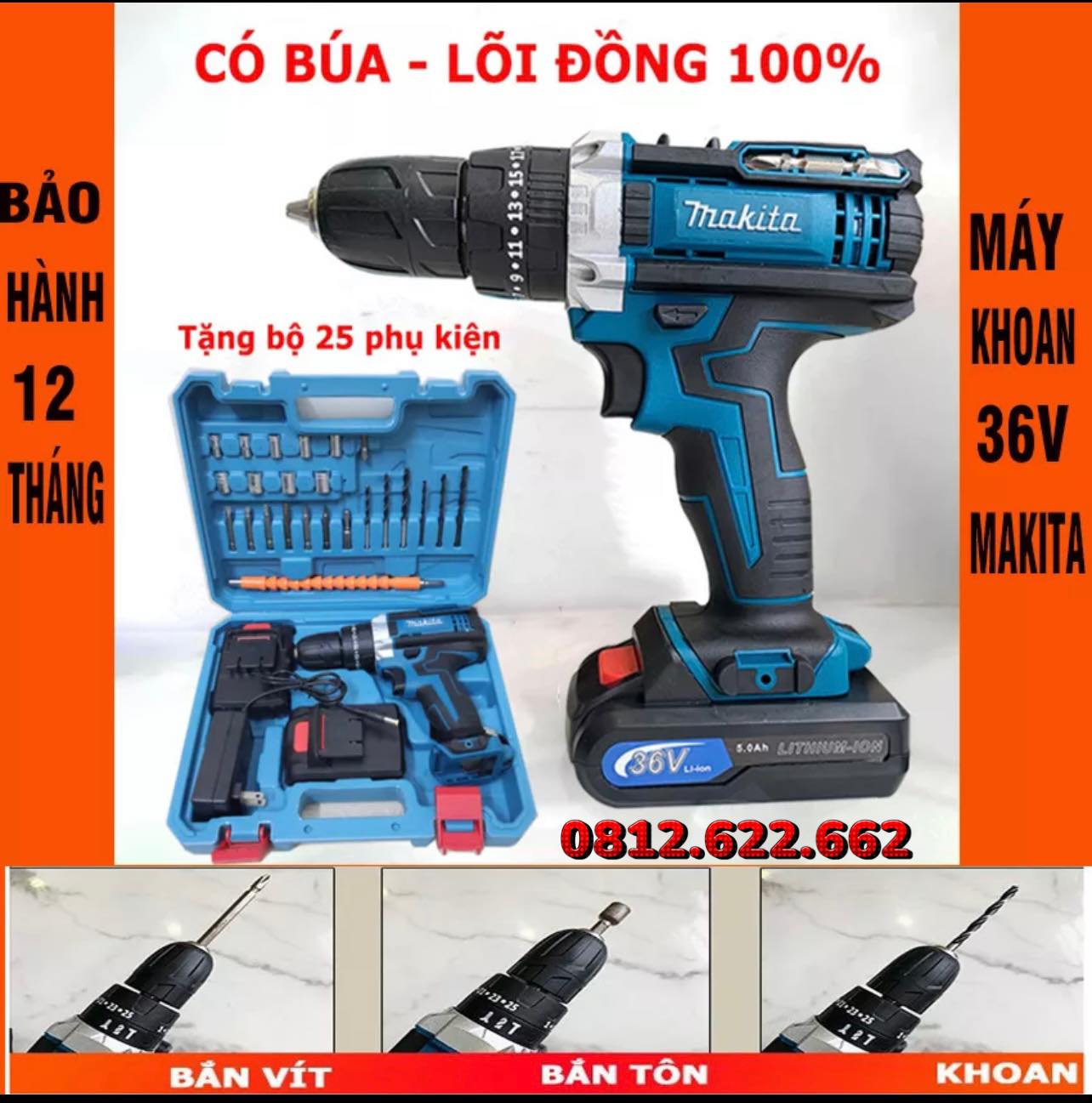 Máy khoan pin cầm tay makita 36V - Máy khoan có chức năng khoan tường vặn vít bắn tôn - BH 1 NĂM