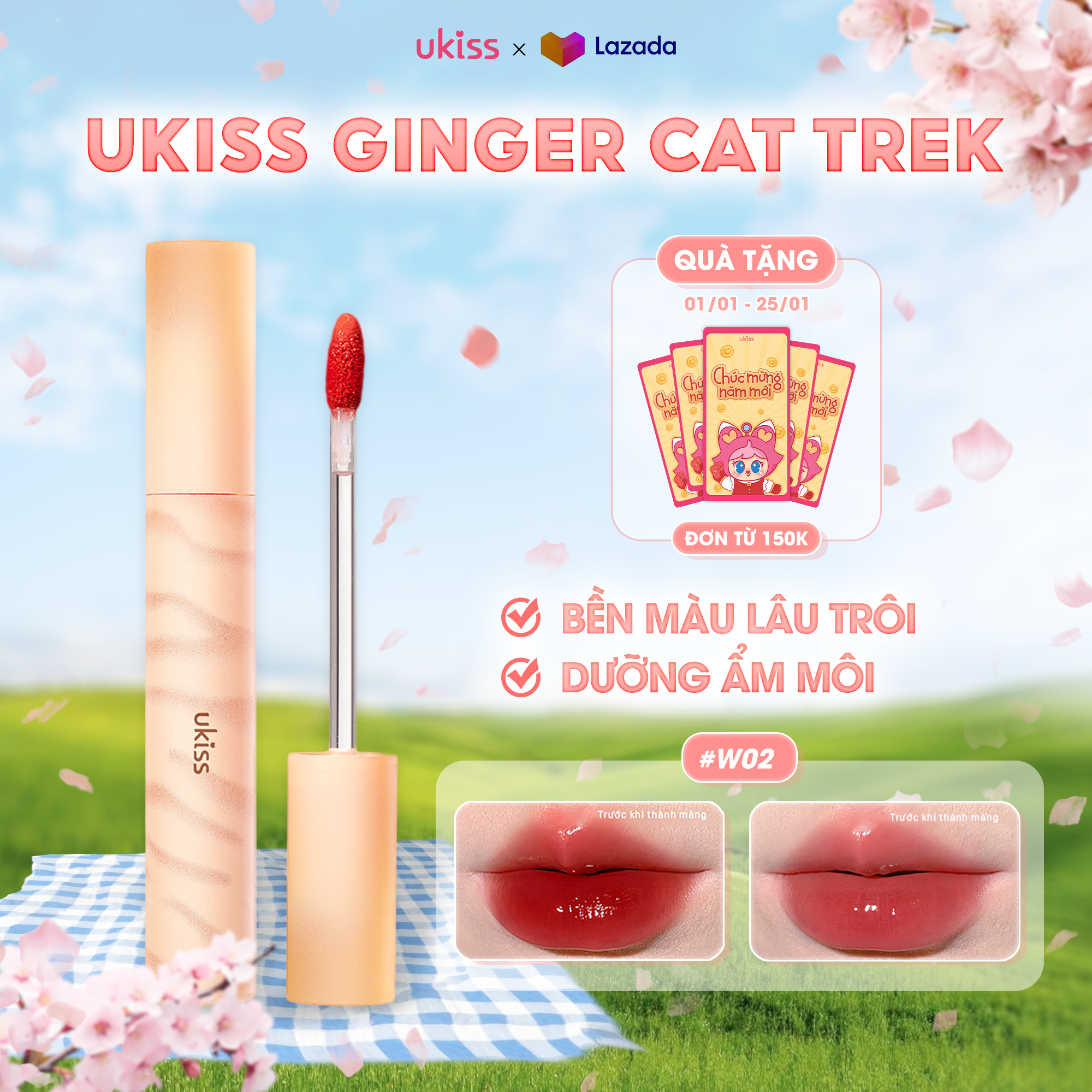 Ukiss Son Tint Ginger Cat Trek Bền Màu Lâu Trôi Không Dính Cốc Dưỡng Ẩm Môi 3.3g