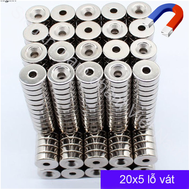 Nam châm đất hiếm 20x5mm set 10v lỗ vát mạ Niken siêu lực