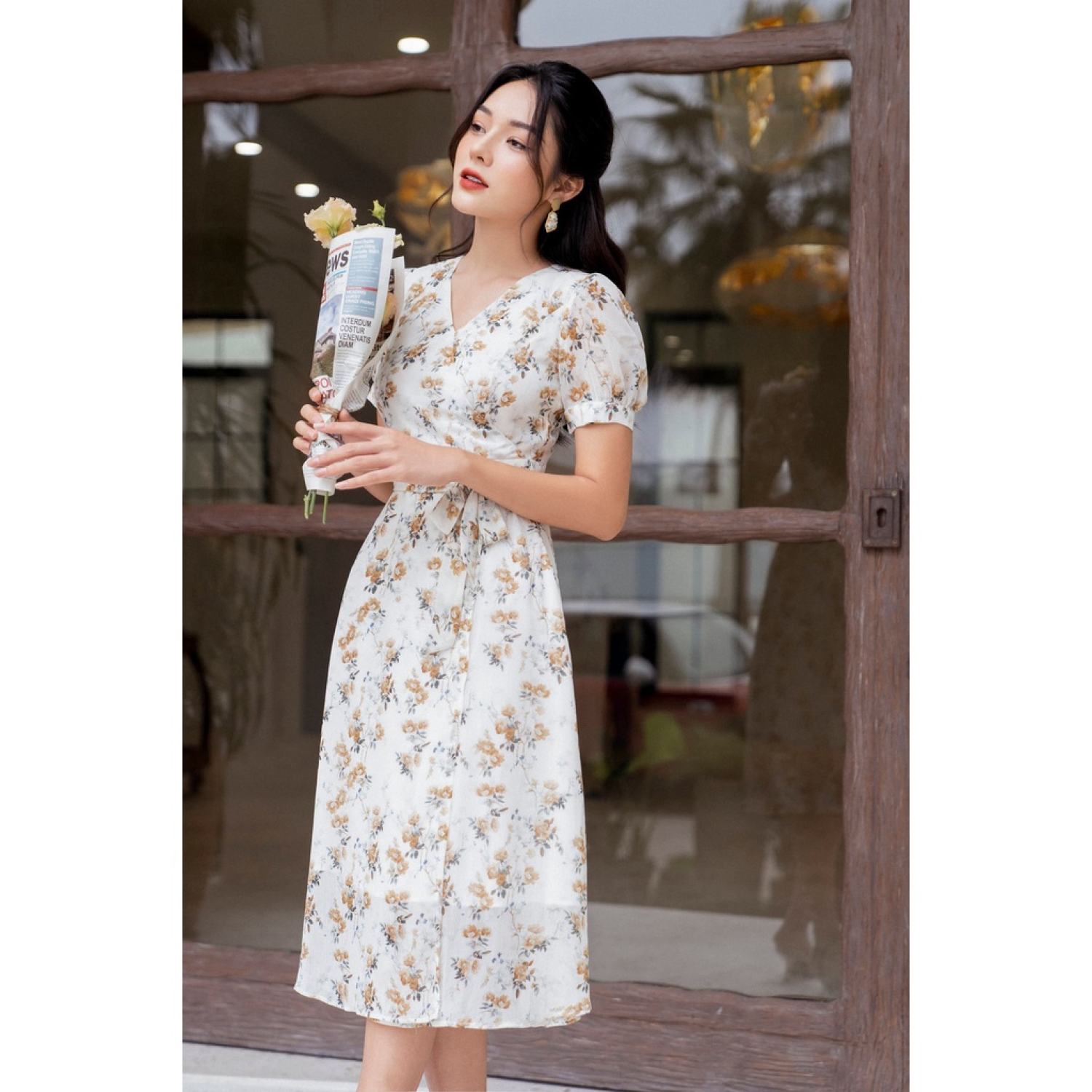 Váy hoa nhí cổ v dáng chữ a chiết eo tiinstore v0t528