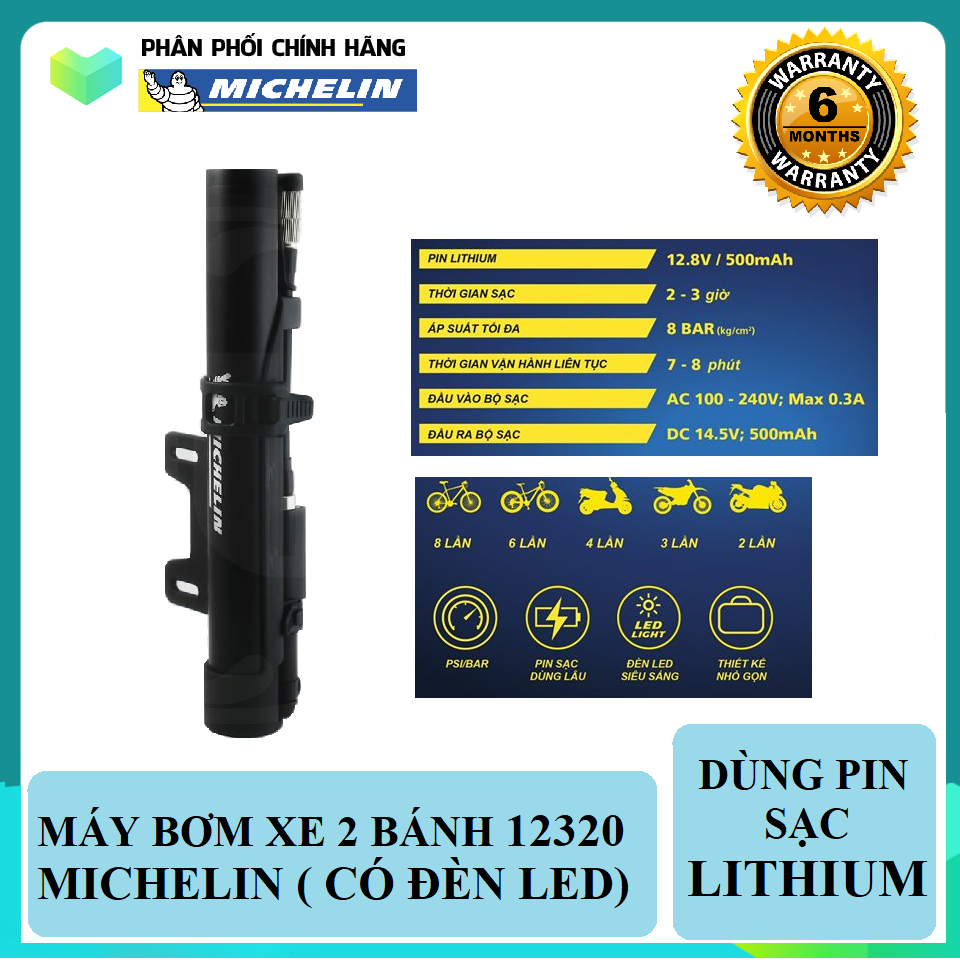 Bơm lốp xe 2 bánh dùng pin sạc Lithium Michelin 12320