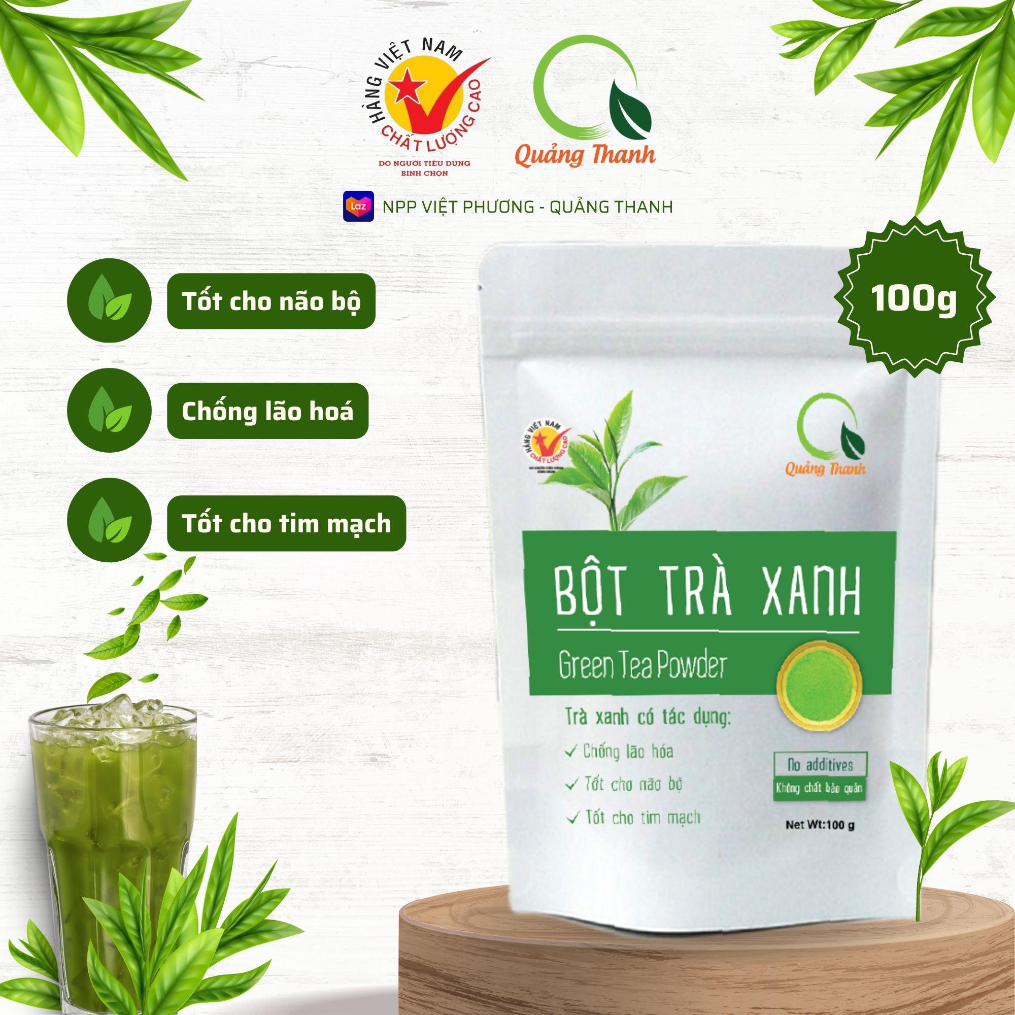 HCM-Bột Lá Trà Xanh Quảng Thanh gói 100g - giúp tránh bệnh tim và tai biến mạch máu não bằng cách hạ thấp mức cholesterol trong máu