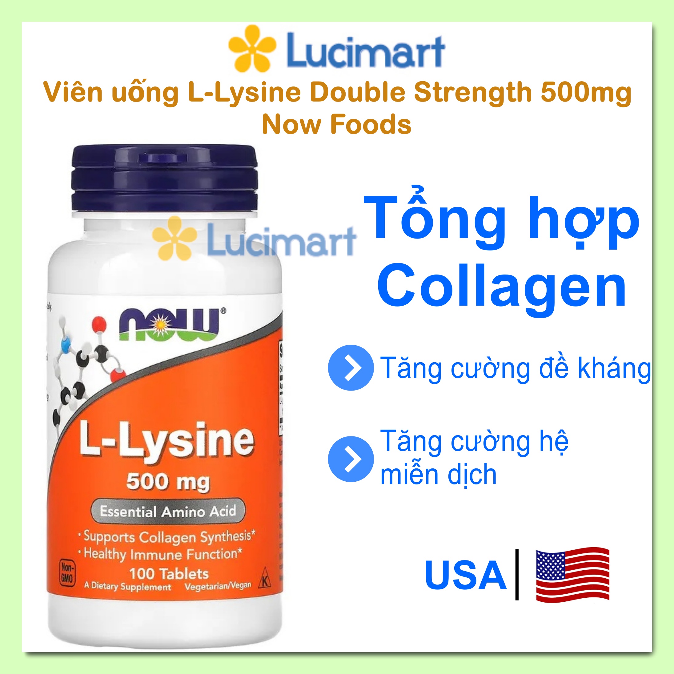 Viên uống L-Lysine Double Strength 500mg, 1000mg của Now Foods, hộp 100 viên [Hàng Mỹ ]