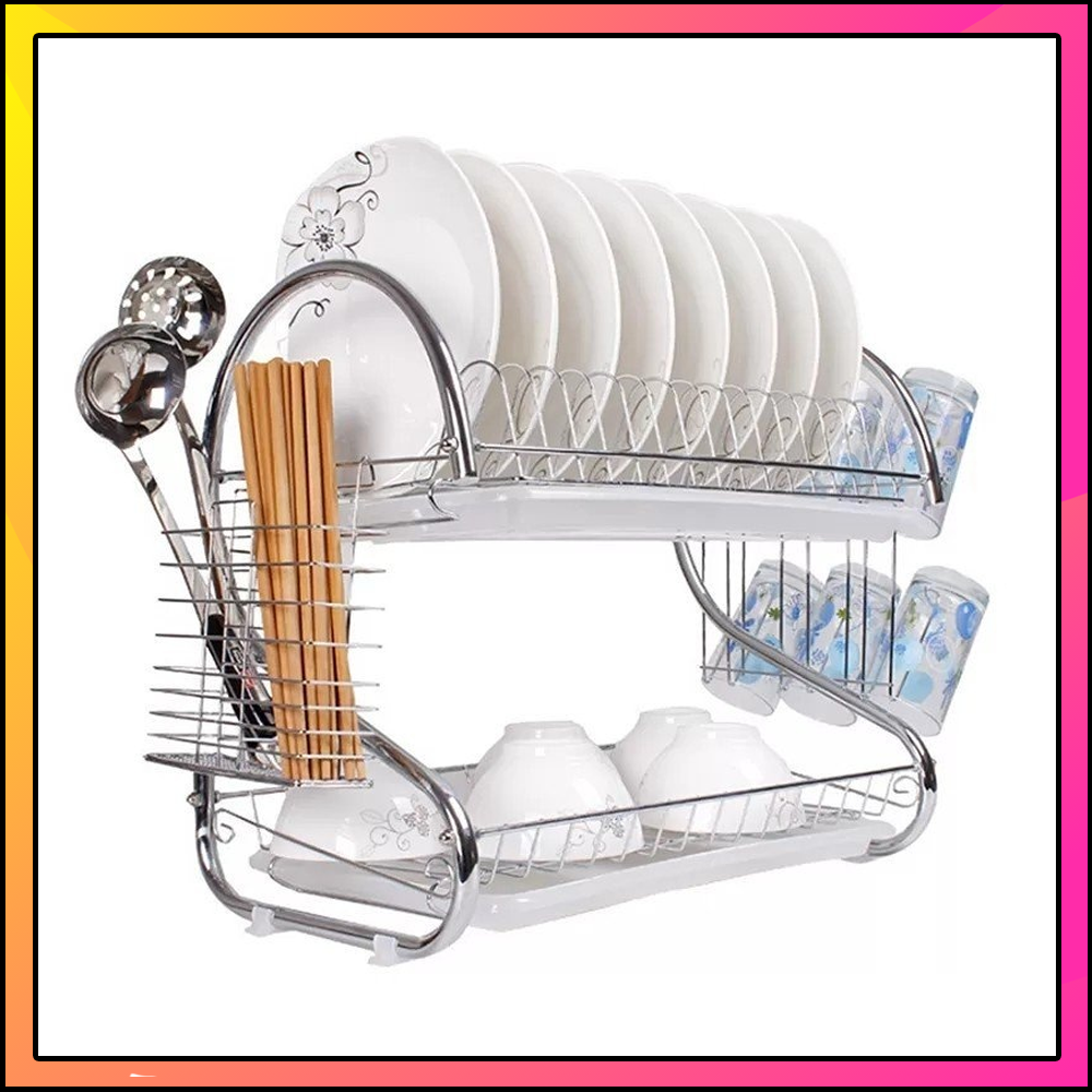 Kệ úp bát chén đĩa inox 2 tầng có khay thoát nước- giá úp bát đĩa cao cấp- Giá để bát đĩa 2 tầng bằng Inox