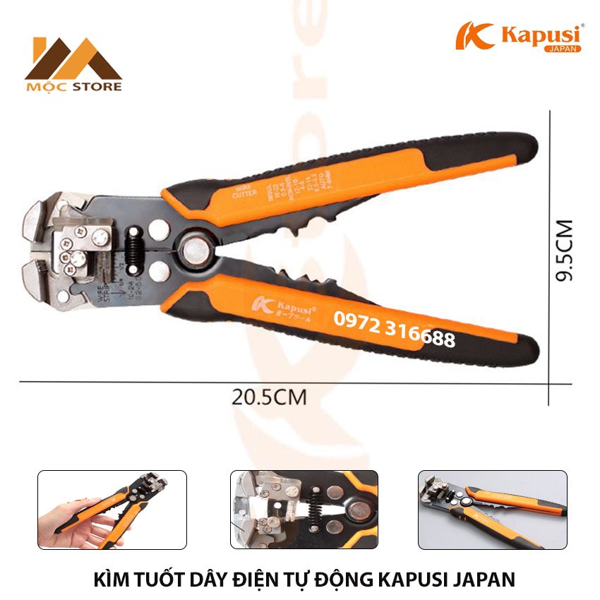 Kìm tuốt dây điện tự động kapusi japan, phạm vi tuốt 0.2-6mm, kìm tuốt dây điện đa năng nhật bản, kềm tuốt dây điện, kem tuot day dien