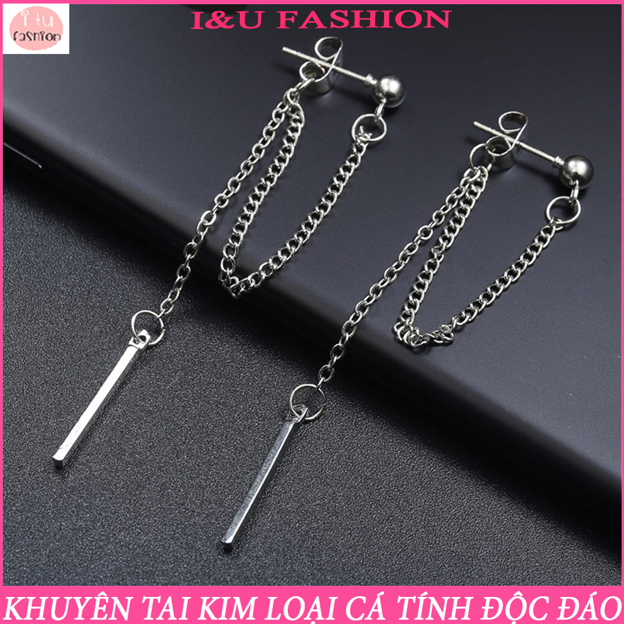 Khuyên tai Bông tai cá tính UNISEX kiểu dáng độc đáo với dây xích kim loại màu Bạc thanh dọc phong cách thời trang hiện đại KT-96