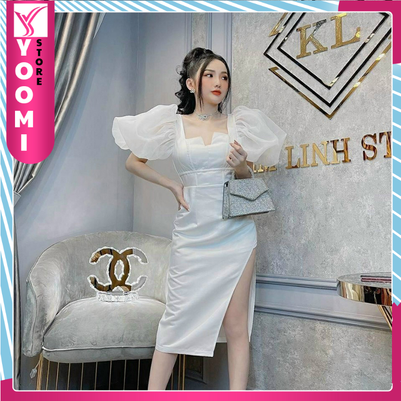 Đầm nữ dự tiệc tay phồng ôm dáng ngực xếp ly cá tính sang chảnh thời trang Yoomi