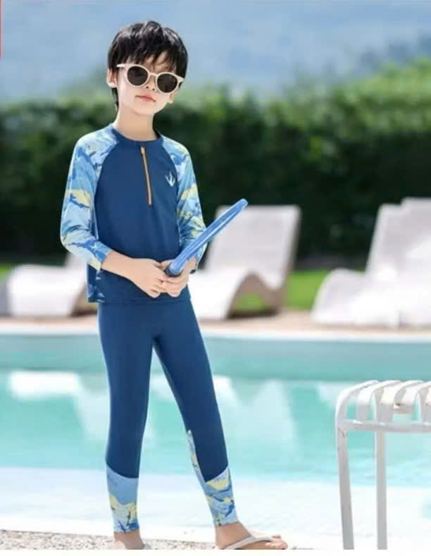 BK61 Bộ đồ bơi trẻ em tay dài 2 mảnh màu xanh dương họa tiết phù hợp cho bé trai,bộ bơi bé trai 12-50kg