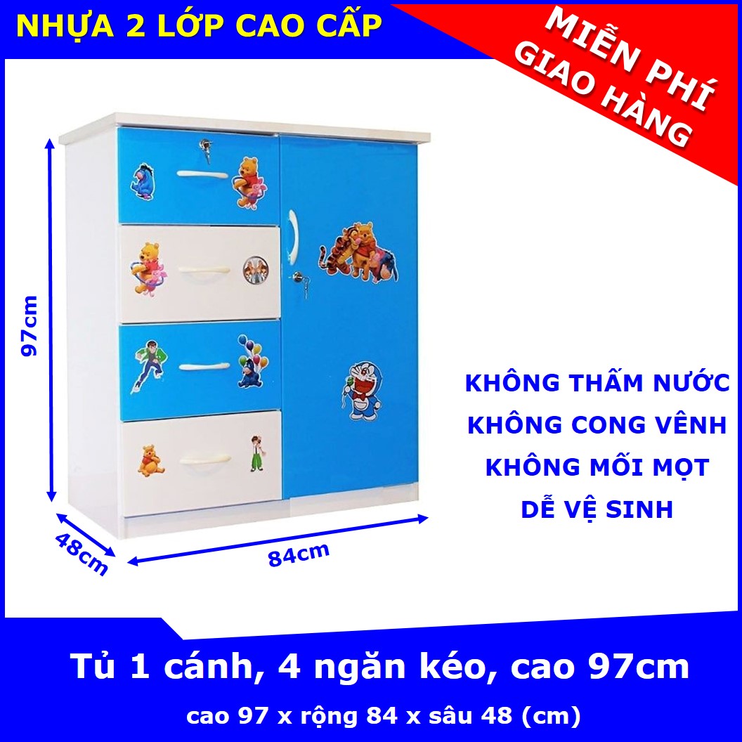 Tủ nhựa Trẻ Em/Người Lớn, 1 cánh, 4 ngăn, cao 97 x rộng 84 x sâu 45 (cm), chất liệu nhựa Đài Loan 2 lớp - KHÔNG THẤM NƯỚC, KHÔNG CONG VÊNH, KHÔNG MỐI MỌT
