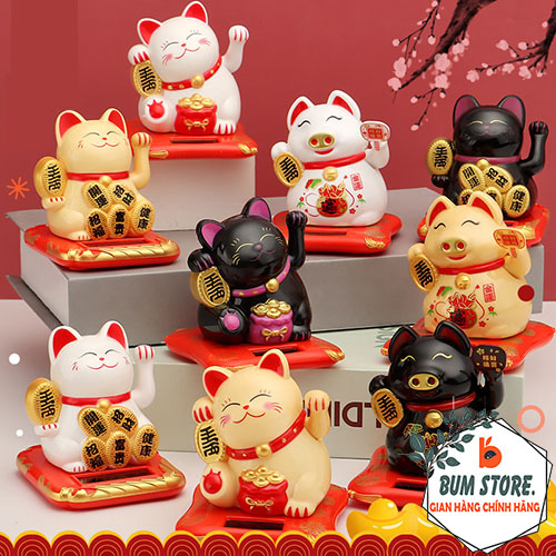 Mèo thần tài Mini vẫy tay dùng năng lượng mặt trời, Mèo tài lộc Maneki Neko nhỏ gọn biểu tượng của sự may mắn - BUM STORE