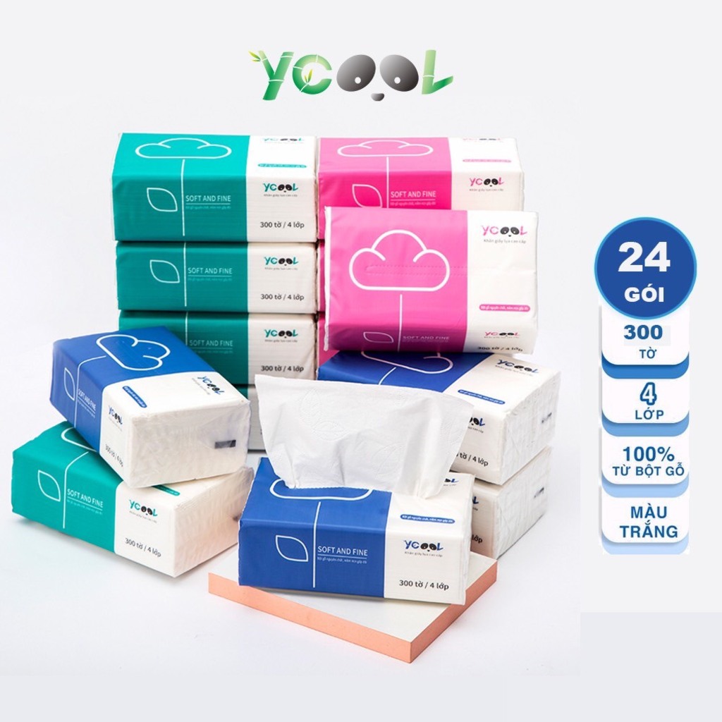 Giấy ăn gấu trúc khăn giấy tre YCOOL 1 thùng 24 gói 300 tờ 4 lớp siêu dai, siêu mềm mịn, không bụi, không mùi