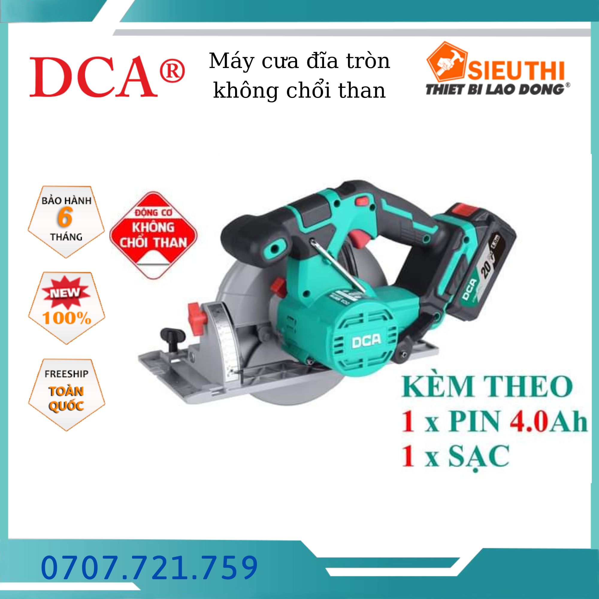 Máy cưa đĩa tròn không chổi than dùng pin DCA ADMY165DM, Kèm 1 sạc, 1 pin 4.0Ah, Bảo hành 6 tháng