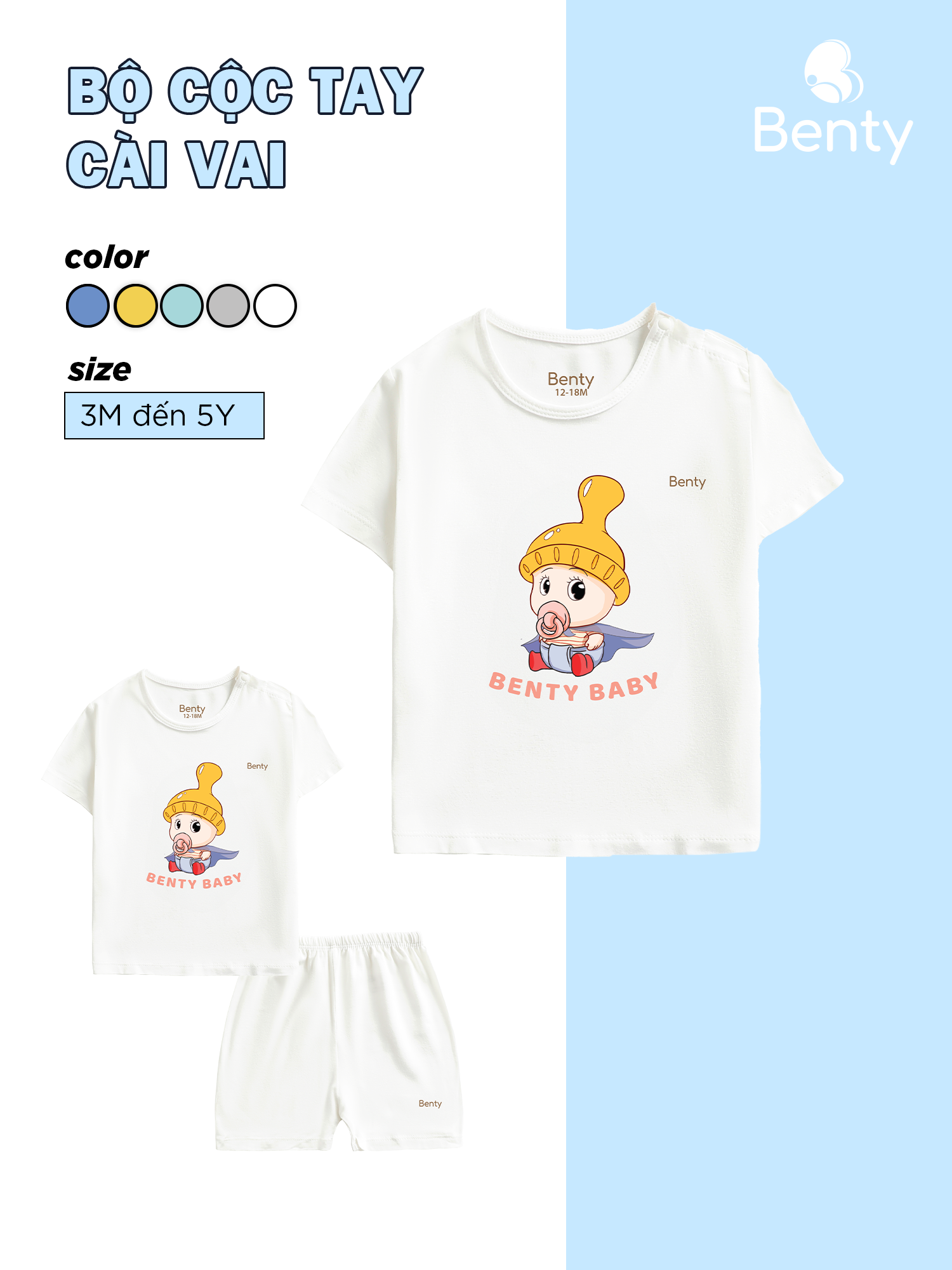  Bộ cộc tay cài vai in hình baby BENTY BT006 chất vải mềm mịn thoáng khí đồ bộ bé trai bé gái 