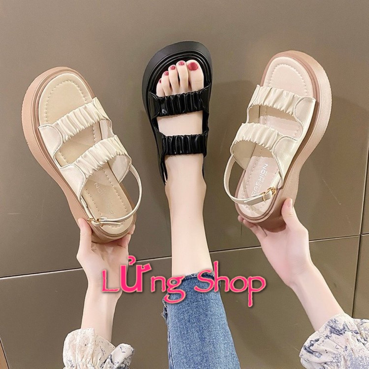 Dép sandal ulzang nữ quai nhún lửng shop cao 4cm