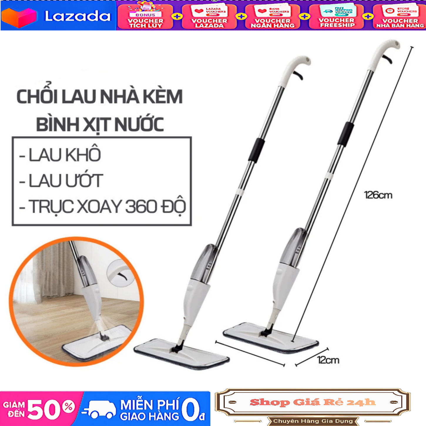 Cây lau nhà phun sương, chổi lau phun sương, chổi lau nhà cao cấp tay cầm cán dài, lau dọn đơn giản - kèm bông lau