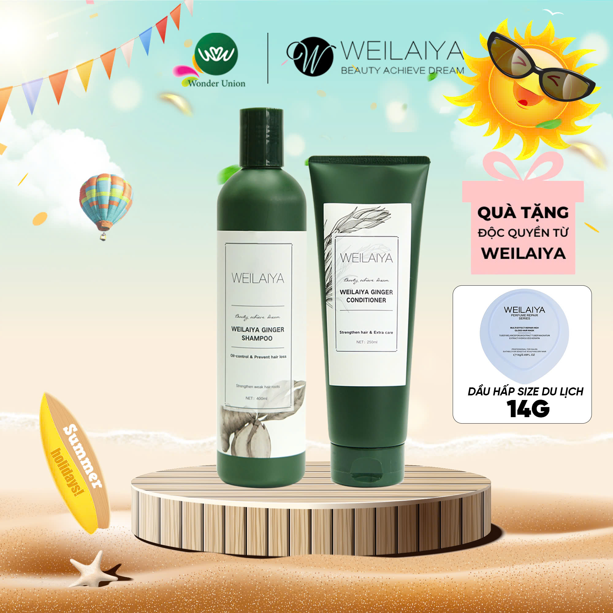 Cặp dầu gội đầu và dầu xả tóc thảo dược Weilaiya gừng trắng giúp ngăn rụng và kích thích mọc tóc