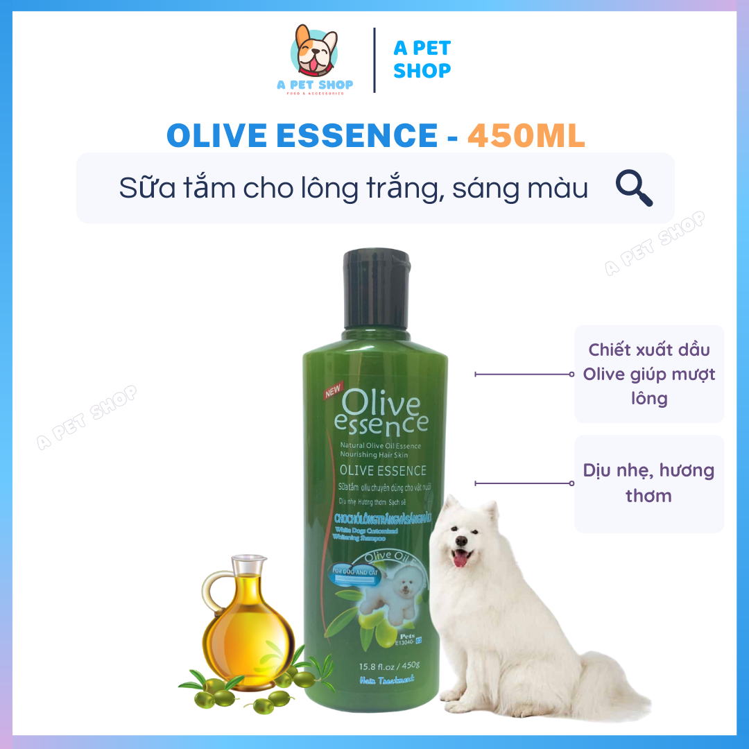 Sữa Tắm Chó - Mèo OLIVE ESSENCE 450ml Lông Trắng, Sáng Màu Giúp Mượt Lông Dịu Nhẹ Hương Thơm Sạch Sẽ A Pet Shop