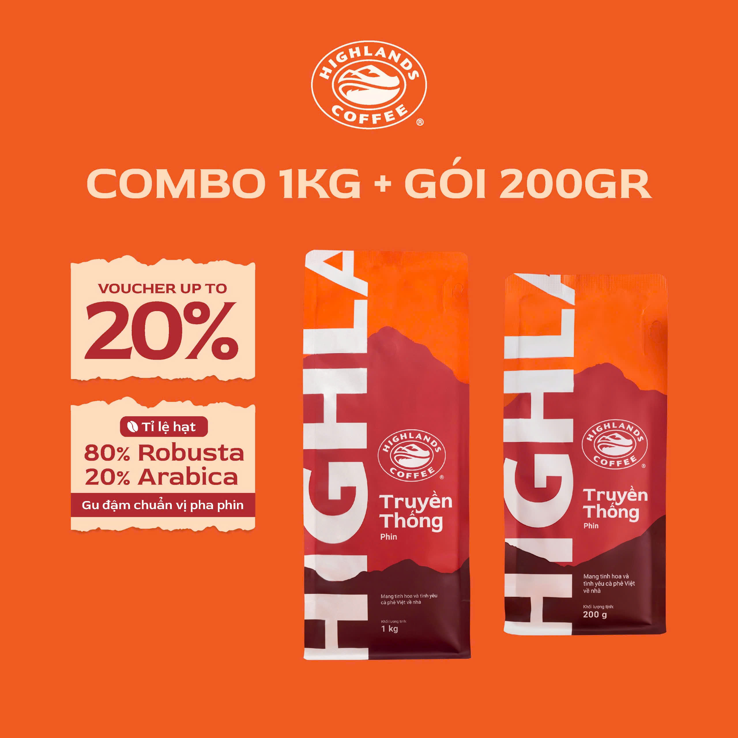 COMBO CÀ PHÊ TRUYỀN THỐNG GÓI 1 KG VÀ 200GR HIGHLANDS COFFEE (TỔNG 1,2KG)