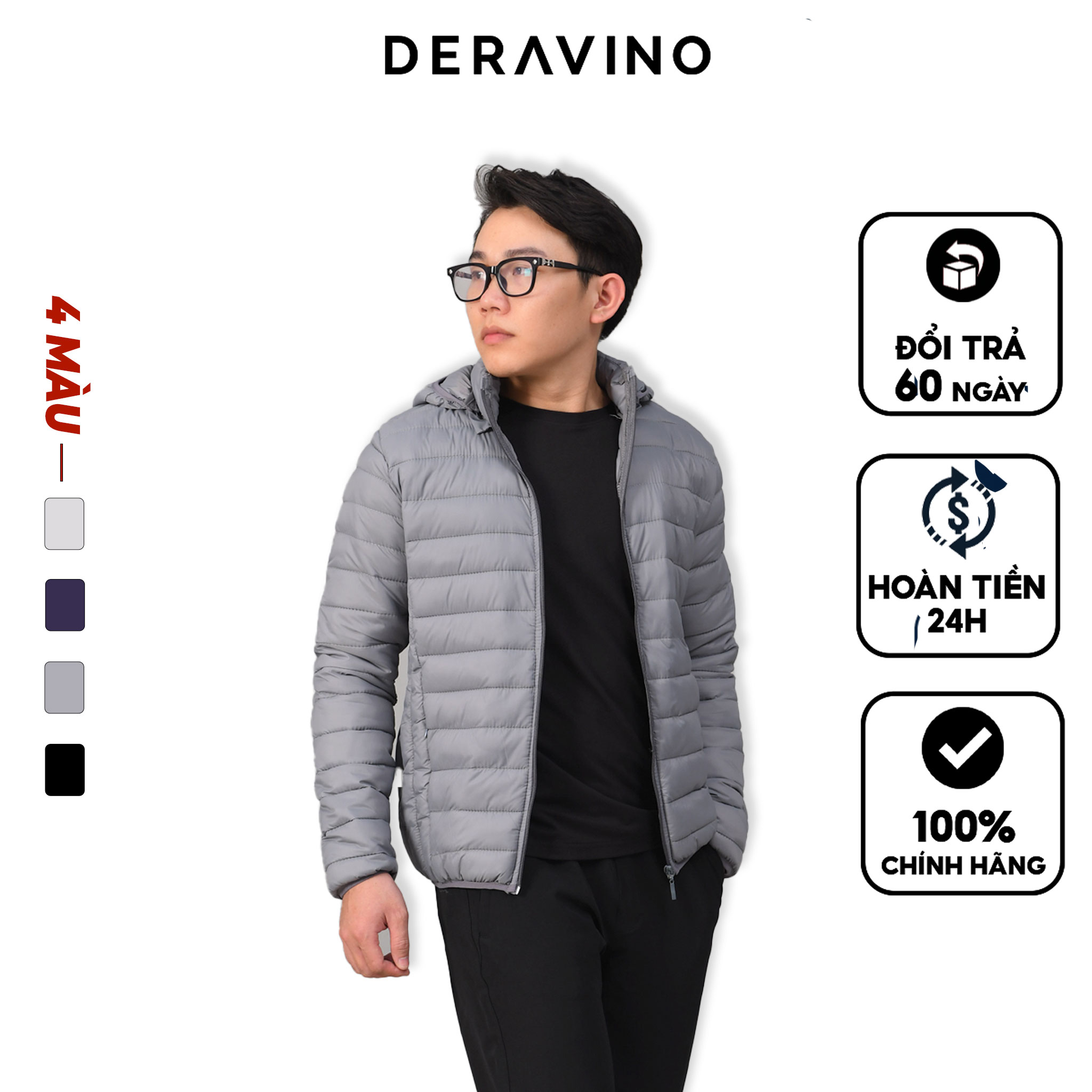 Áo phao nam siêu nhẹ DERAVINO (Có Mũ) GPN2120, Trần Bông Siêu Nhẹ, Cản Gió, Giữ Ấm Cực Tốt