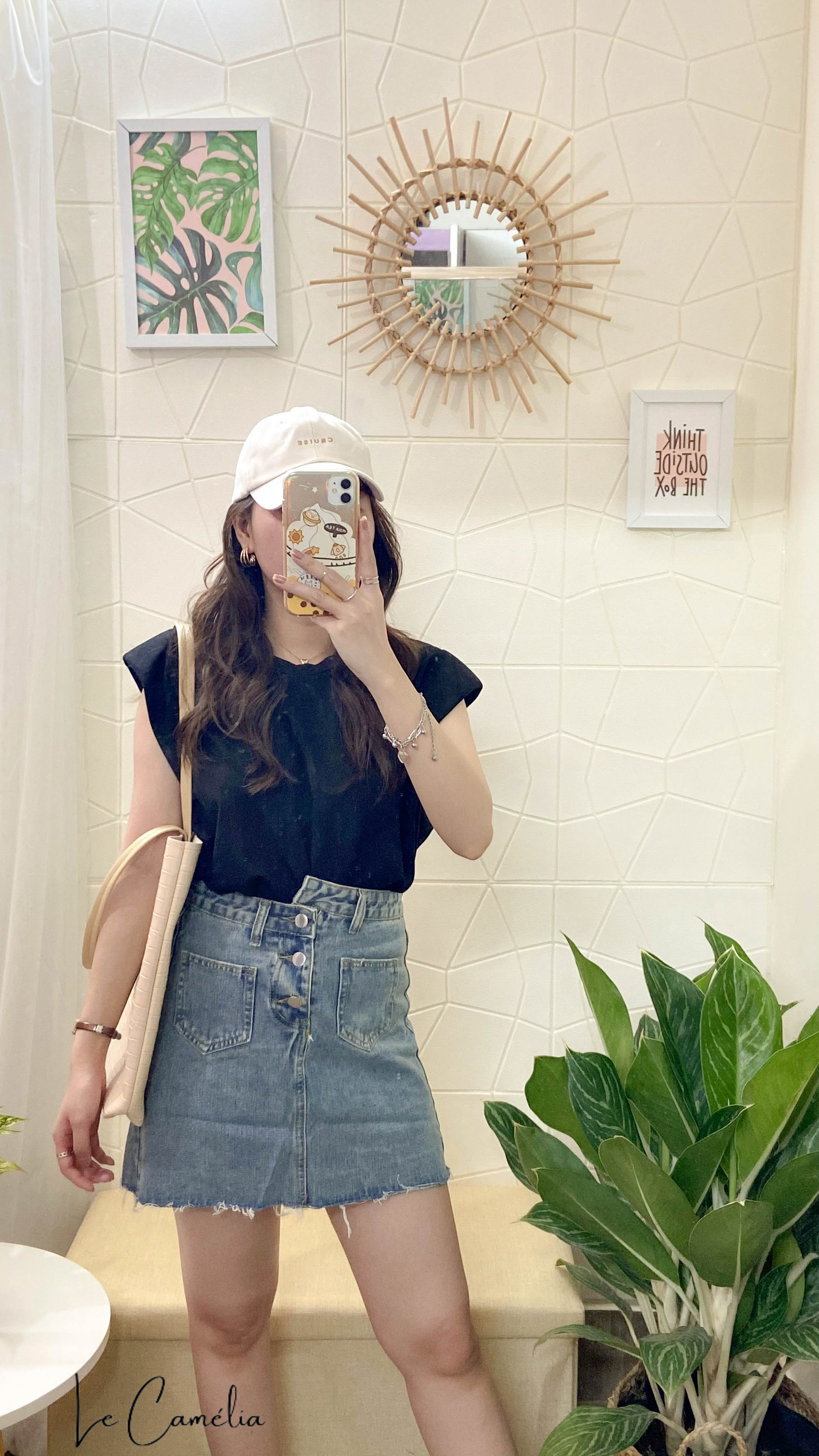 Chân váy jeans cúc lệch lưng cao