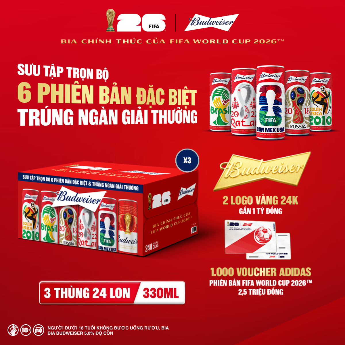 Combo 3 Thùng 24 Lon Bia Budweiser Sleek Can Chính Hãng (330ml/lon)