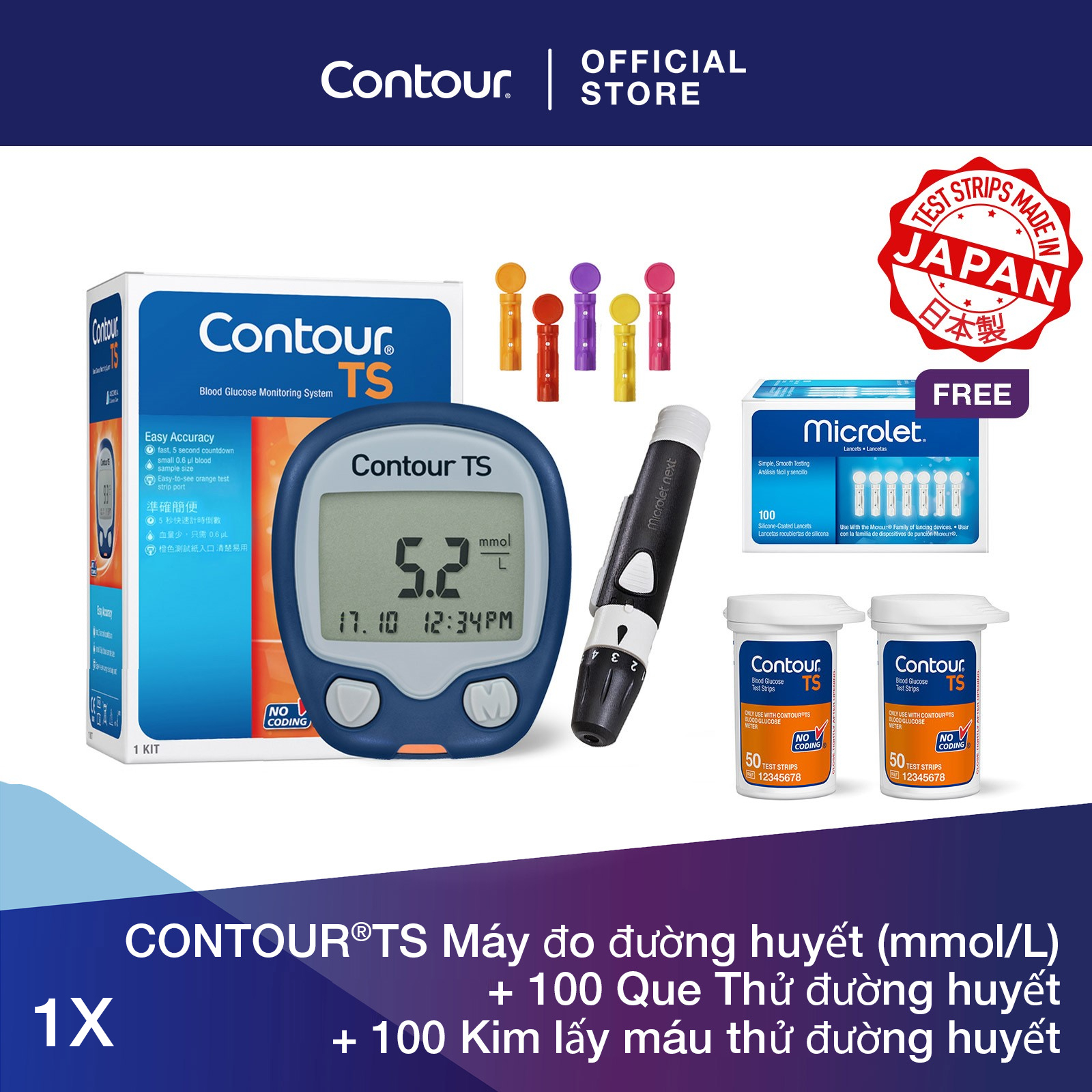 Contour®ts máy đo đường huyết + 100 que thử đường huyết + 100 kim lấy máu thử đường huyết