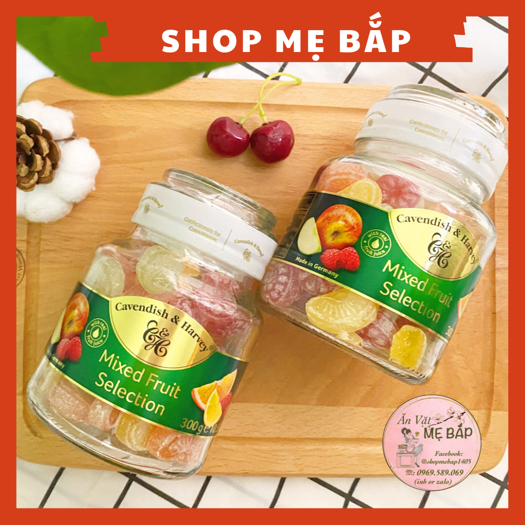 Kẹo trái cây đức vị mix fruit - hũ thuỷ tinh 300g - hàng nhập cavendish & harvey shop mẹ bắp