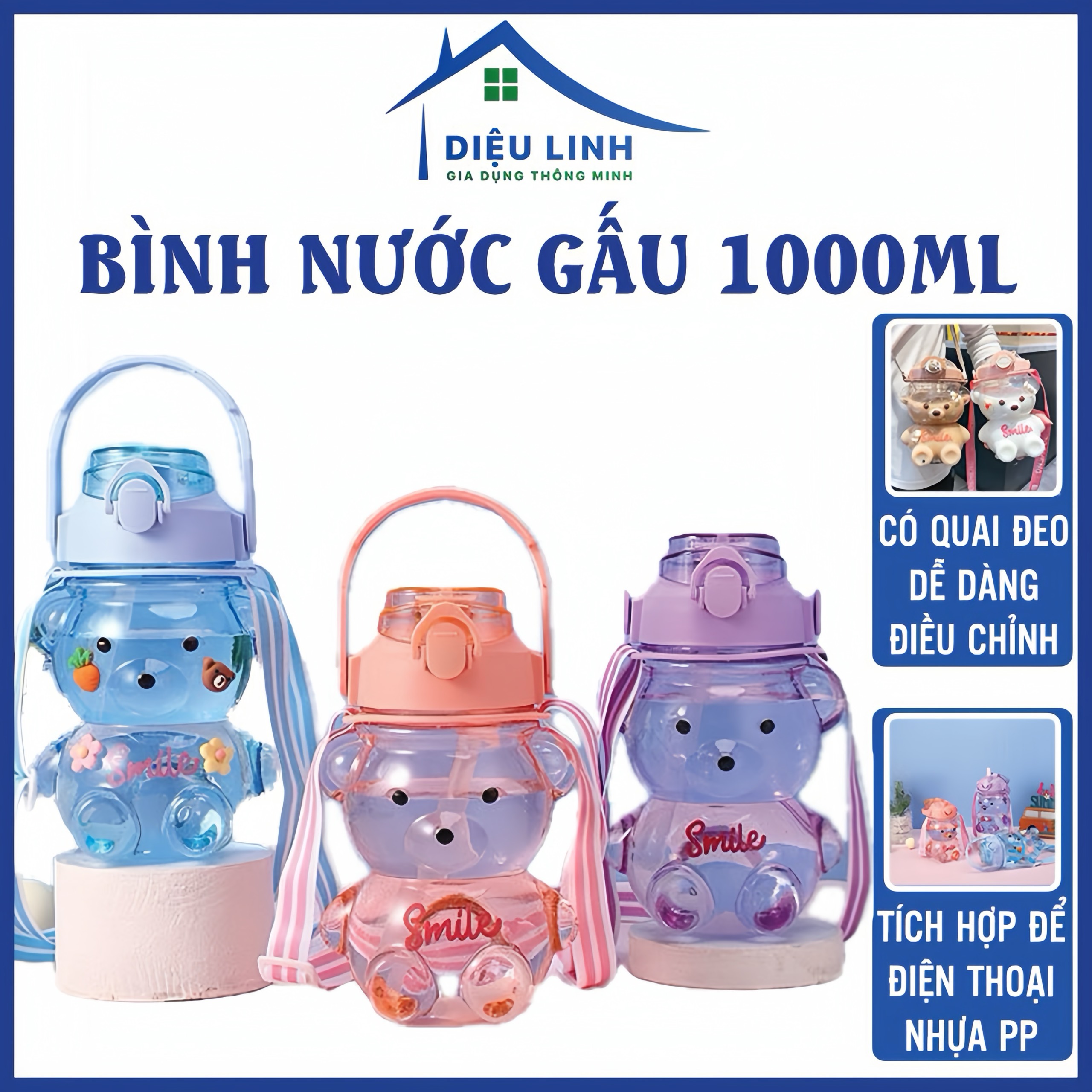 Bình Nước Có Vòi Chống Đổ Bình Nước Gấu Có Quai Xách, Bình Nước Cute In Sticker Xinh Xắn Cho Bé 1000ml Siêu Hot Dieulinhshop