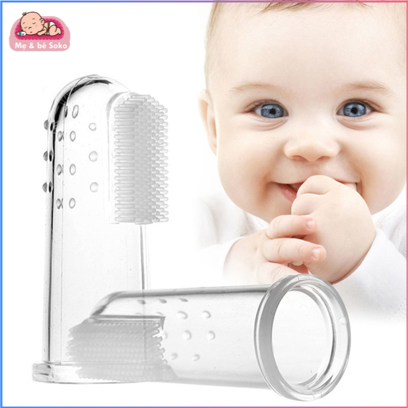 Bàn chải kèm tưa lưỡi/ rơ lưỡi cho bé xỏ ngón tay chất liệu Silicone an toàn tuyệt đối mềm dịu với nướu bé giúp vệ sinh răng miệng - Mẹ bé Soko