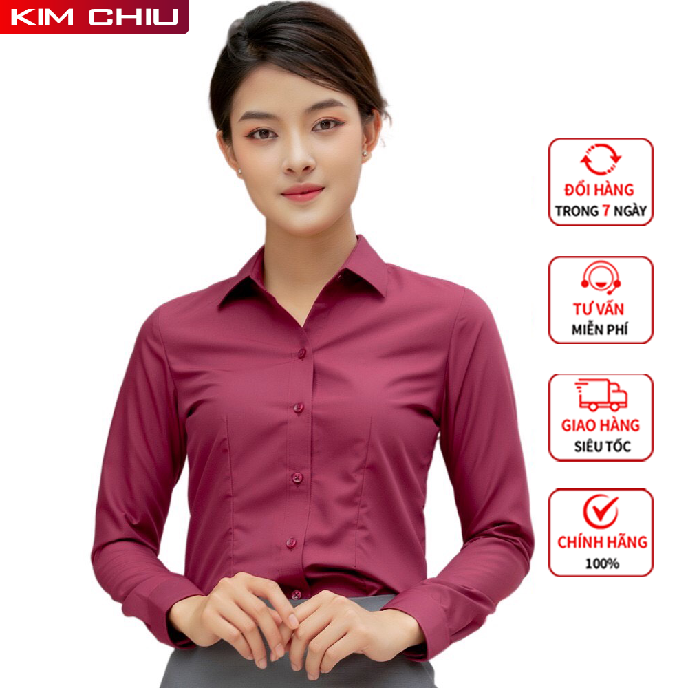 Áo sơ mi nữ công sở cao cấp Kim Chiu, Form Mai An màu Đỏ Đô, tay dài vải kate ý đẹp ít nhăn giãn nhẹ, ĐỔI TRẢ THOẢI MÁI. SMTD01