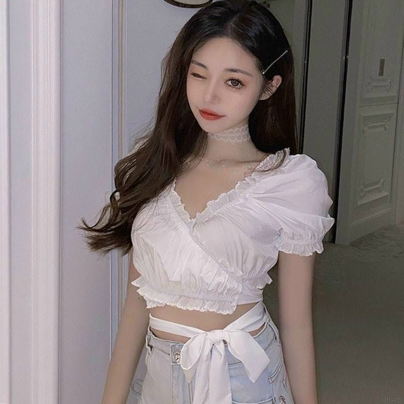 Áo croptop nhún cột dây nơ eo