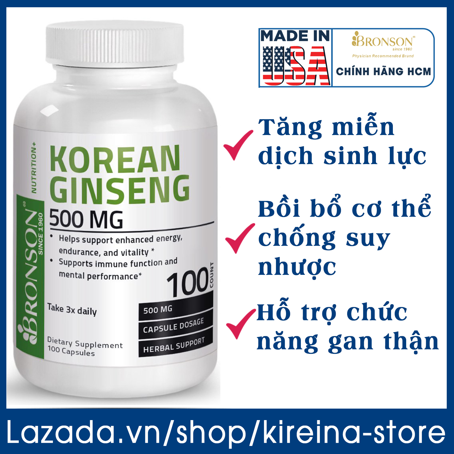 Viên uống nhân sâm Hàn Quốc tăng cường miễn dịch bồi bổ cơ thể Bronson