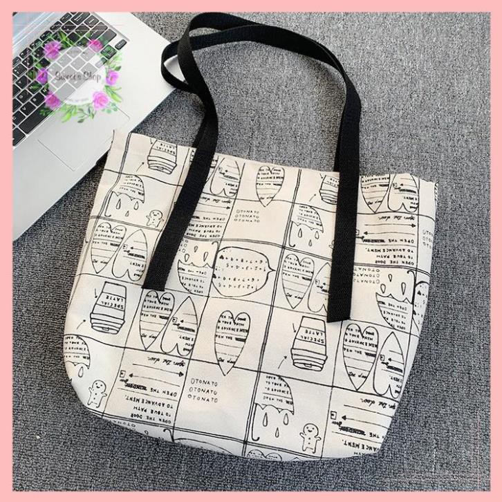 Túi Tote Vải Canvas Túi Tote Vải Canvas Lớn Họa Tiết Trái Tim Phong Cách Hàn Quốc Cao Cấp