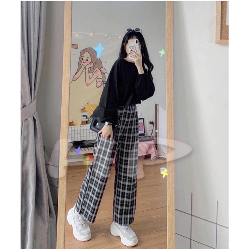 Set Đồ Nữ Style Hàn Quốc (Áo Chun Tay + Quần Kẻ Ô Vuông) S315