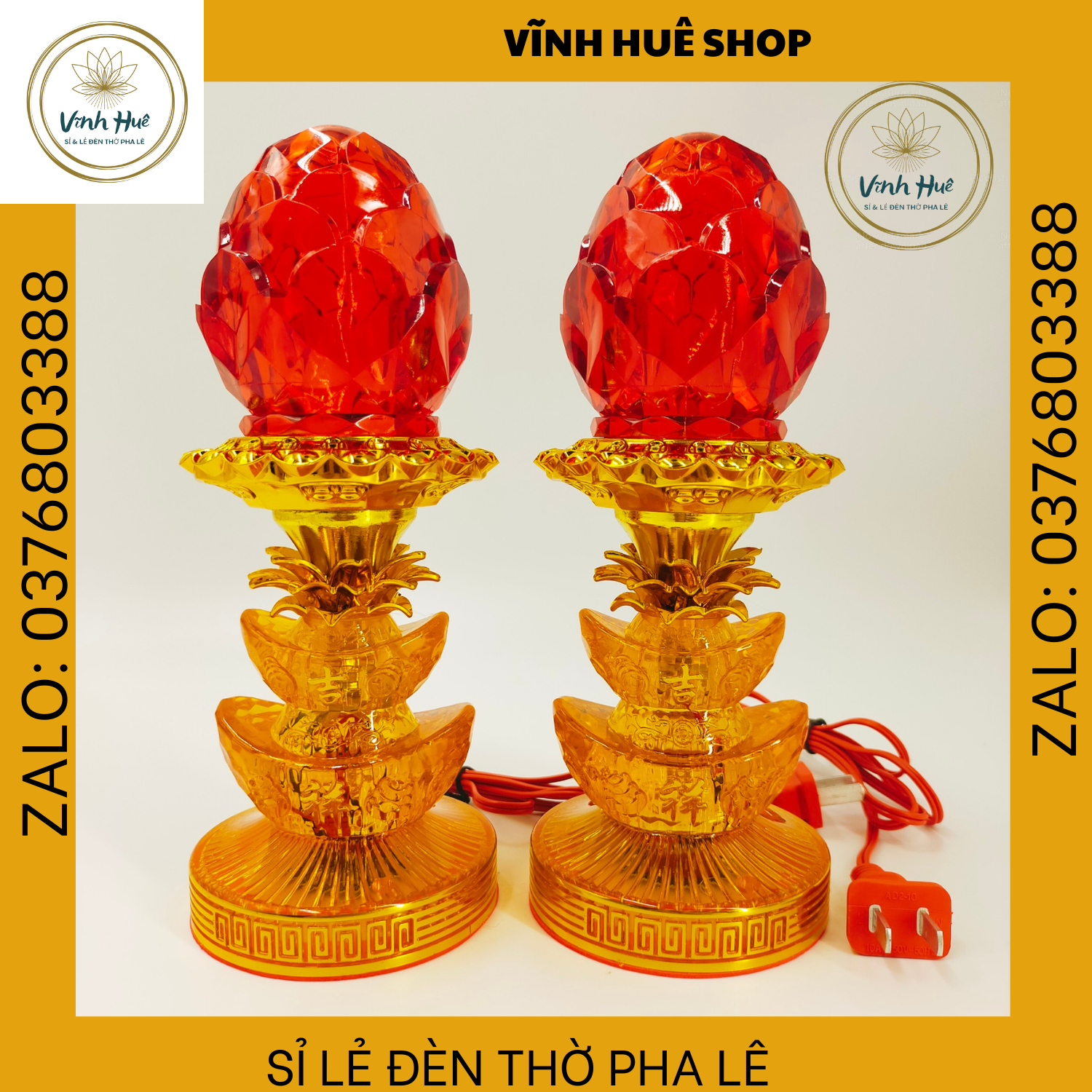 Đèn thờ gia tiên, đèn thờ cúng phong thủy, đèn thờ nhựa trái đào 2 thỏi vàng