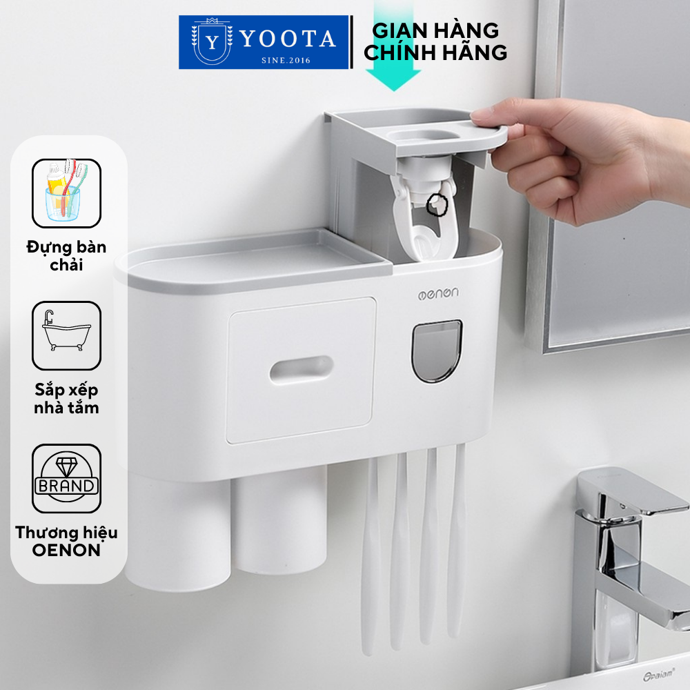 Bộ nhả kem đánh răng tự động oenon để bàn chải đánh răng, kệ nhà tắm thông minh- tặng kèm miếng dán