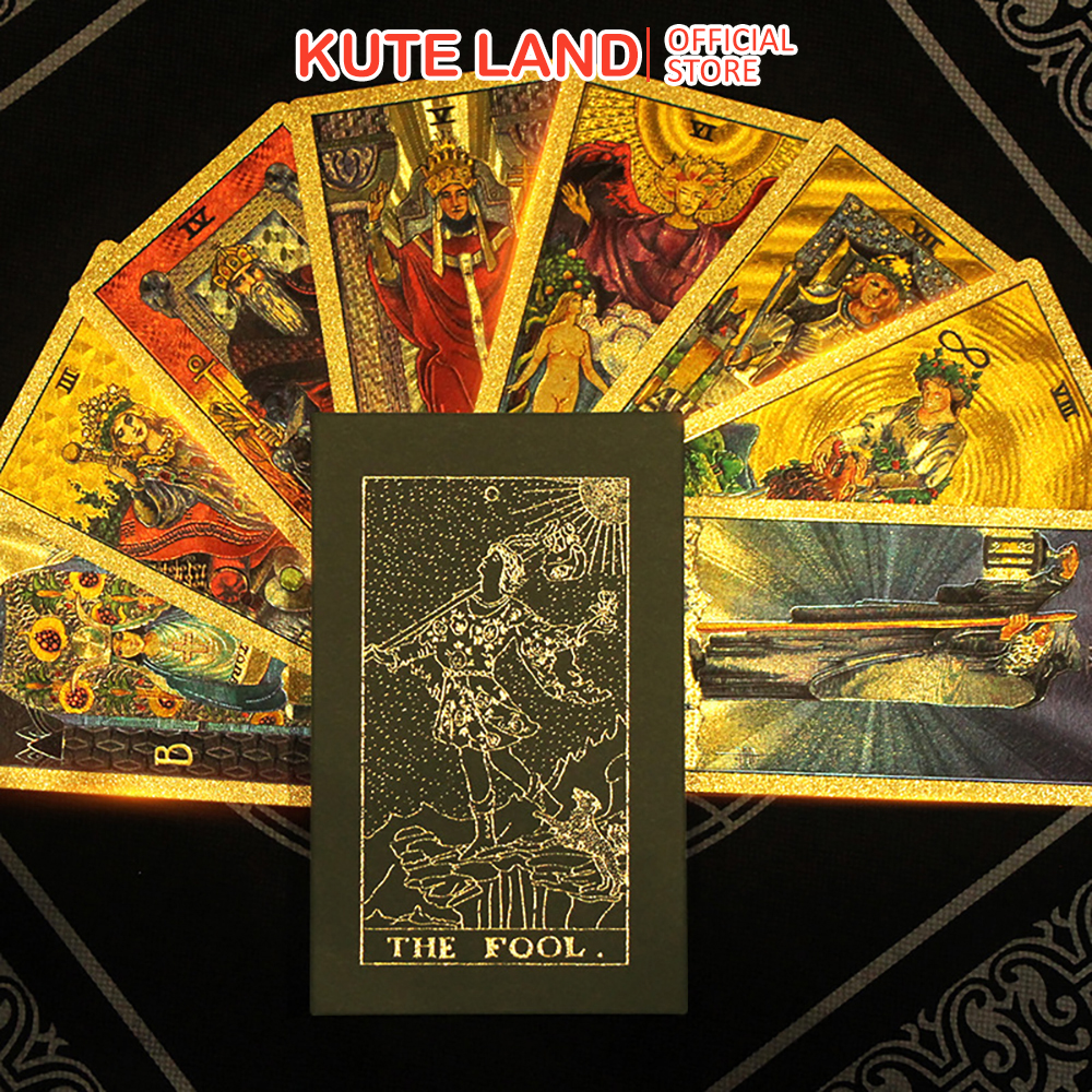 Bộ bài tarot gold foil cao cấp waite yellow chất liệu pvc chống nước the fool hộp cứng
