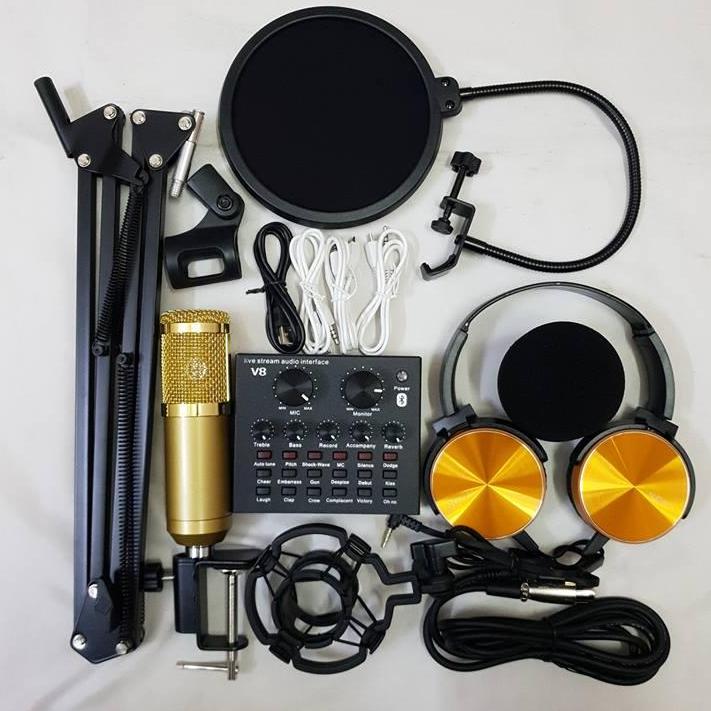 Bộ combo mic livestream hát karaoke micro BM800 card V8 bluetooth có autotune chân màng tặng kèm tai ngh 450 BH 6 tháng đổi mới