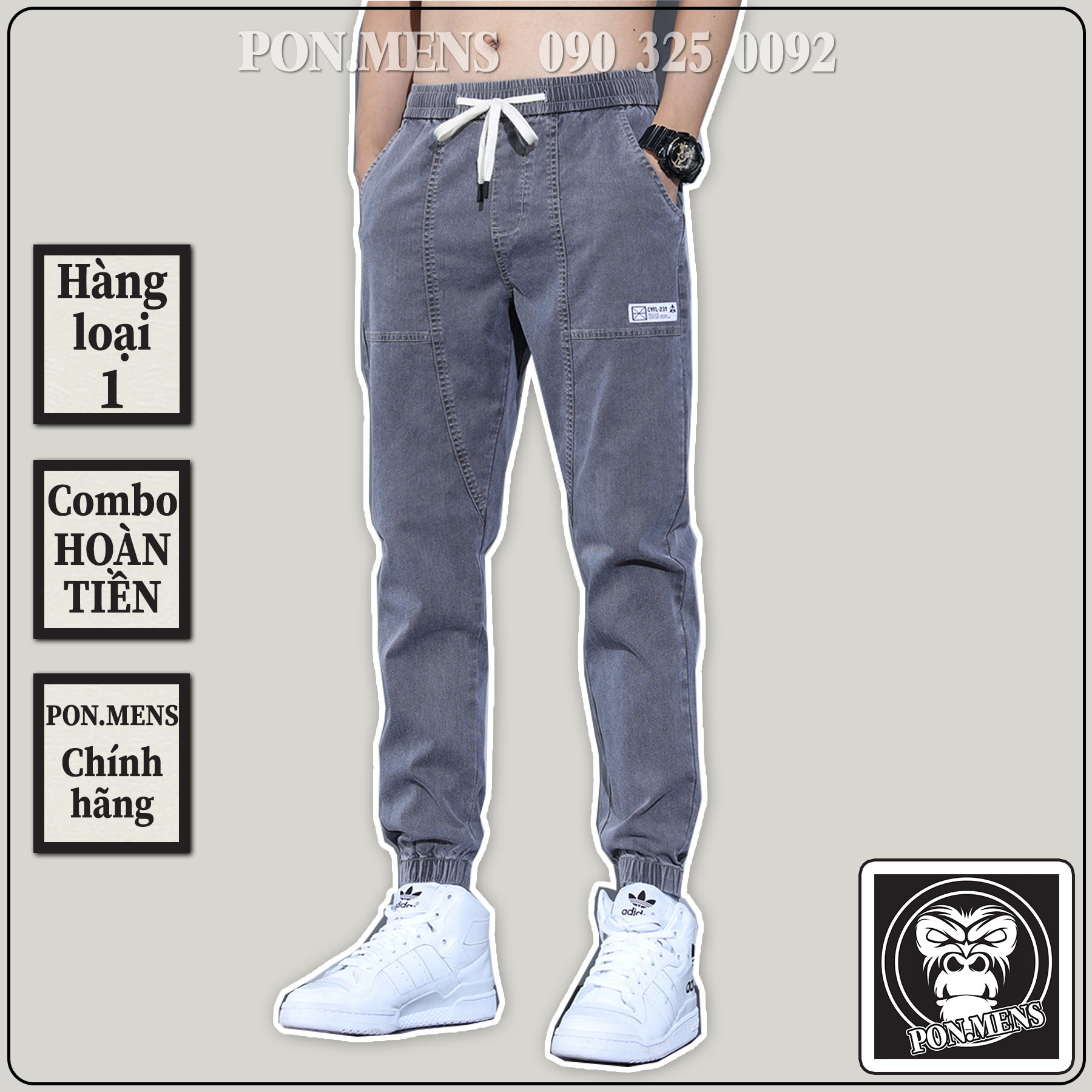 Quần Jogger Jeans nam màu xám logo thêu bó gấu lưng chun 706 pon.mens